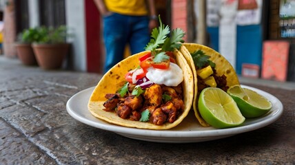 A traditional taco al pastor served from a street vendor, garnished with pineapple and cilantro. 