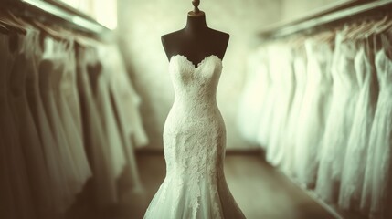 Elegant lace bridal gown in stylish wedding boutique