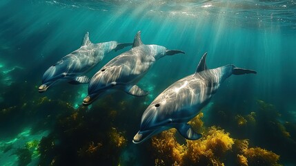 Fototapeta premium Dolphins swimming kelp forest, sunlight