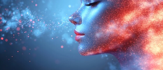 Woman's face, particle effect, blue and red.