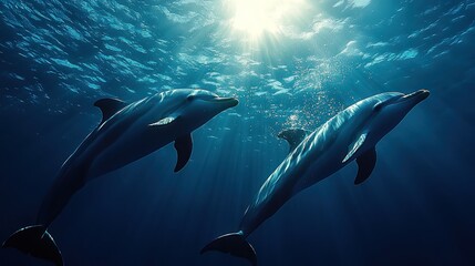 Naklejka premium Dolphins swimming ocean sunlight underwater marine life