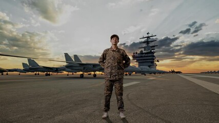 Full Body Of Asian Army Soldier Standing Against On Aircraft Carrier. Brave Young Servicemen Wearing Camouflage Military Uniform