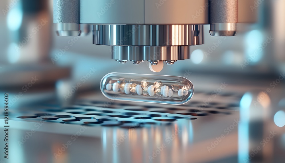 Aufkleber a close-up view of a microscope analyzing a transparent capsule containing microscopic samples, high