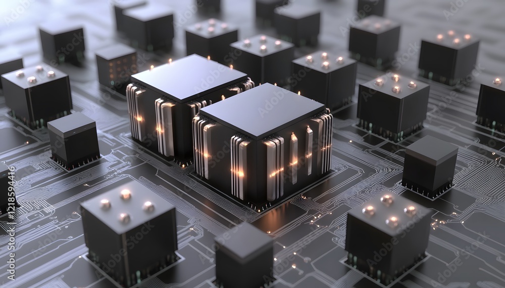 Poster a close-up view of a modern microprocessor integrated circuit showcasing intricate details of silico