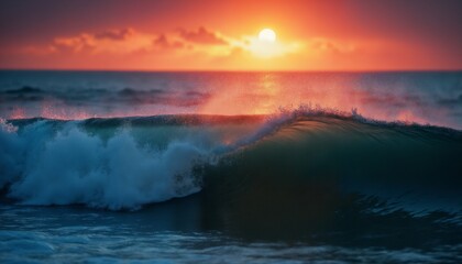 Obraz premium dramatic seascape, a big and beautiful wave in the ocean at sunset, sunlight shines through the crest of the wave, wind and the force of nature