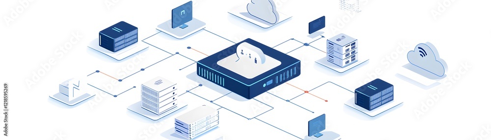 Poster a detailed illustration of a network system showcasing various interconnected nodes and data flow