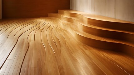Modern wooden interior with curved floor and seating.
