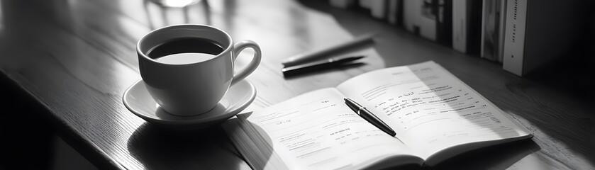 A cozy workspace featuring a cup of coffee beside an open notebook and a pen, perfect for studying, journaling, or enjoying a peaceful moment with words and ideas.