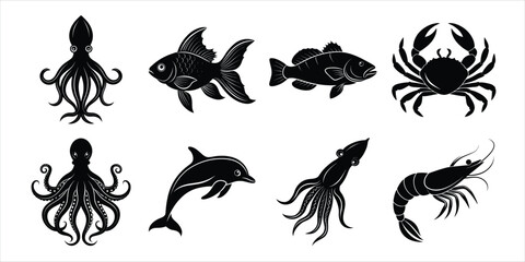 Aquatic animals silhouette set. Marine, Sea animals life vector illustration collection