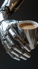 Obraz premium A silver-colored prosthetic hand gripping a cup of coffee, blending modernity with simplicity in design.