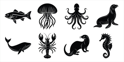 Aquatic animals silhouette set. Marine, Sea animals life vector illustration collection