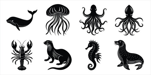 Aquatic animals silhouette set. Marine, Sea animals life vector illustration collection