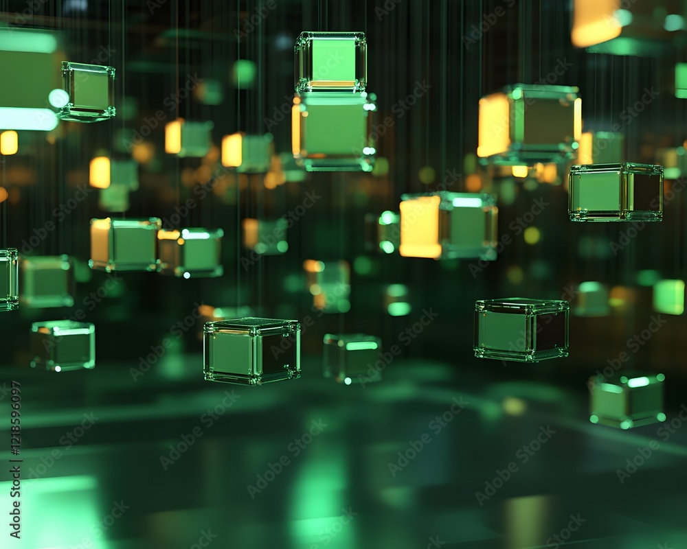 Poster a mesmerizing digital scene featuring floating green and yellow cubes on a dark background, showcasi