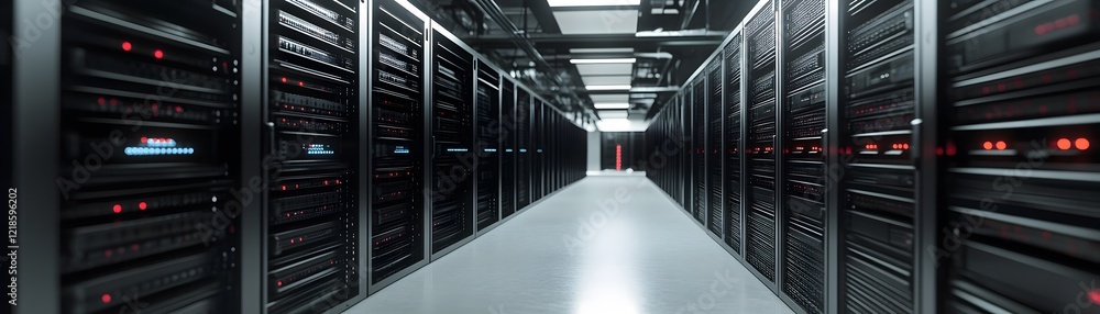 Poster a modern data center featuring rows of server racks equipped with advanced technology
