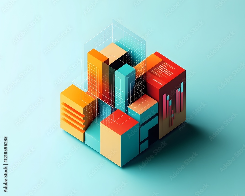 Poster a modern digital graphic showcasing colorful abstract blocks and architectural elements