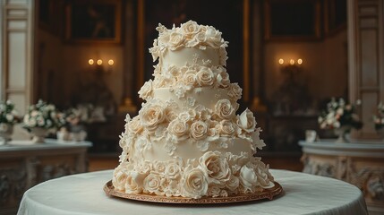 Elegant rose wedding cake, grand hall