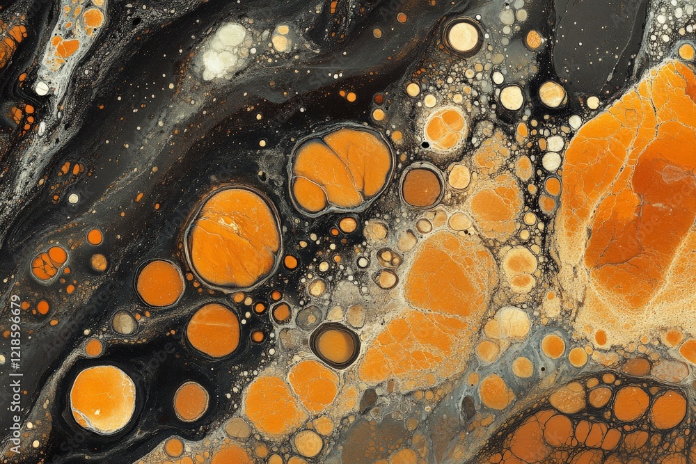 Poster abstract orange and black pattern resembling fluid art created with paint on a canvas during the day