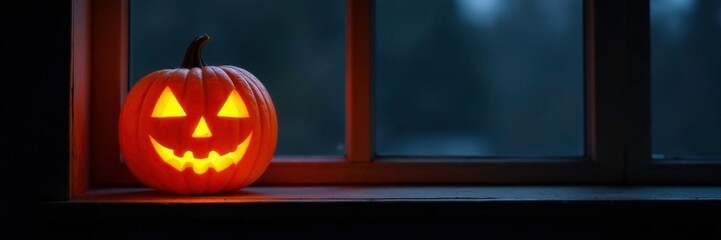 Fototapeta premium Glowing pumpkin on a windowsill against a dark background, black, windowsill, jack o lantern