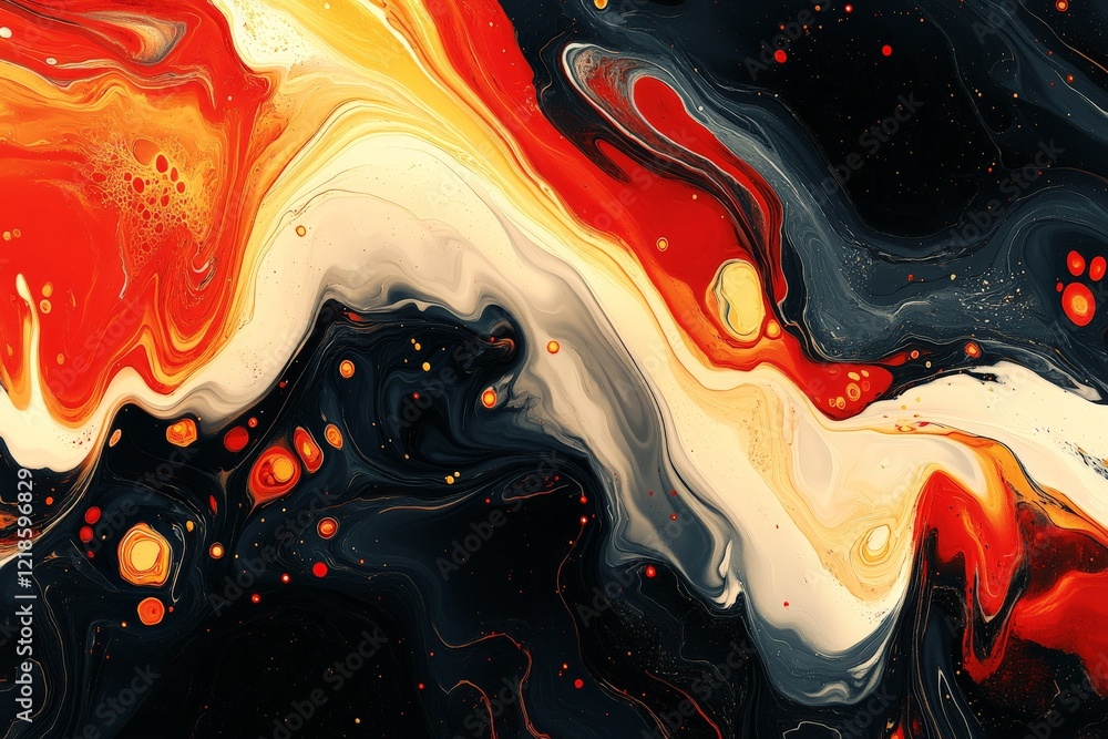 Poster vibrant swirling patterns created by paint mixing with bright colors on a dark canvas