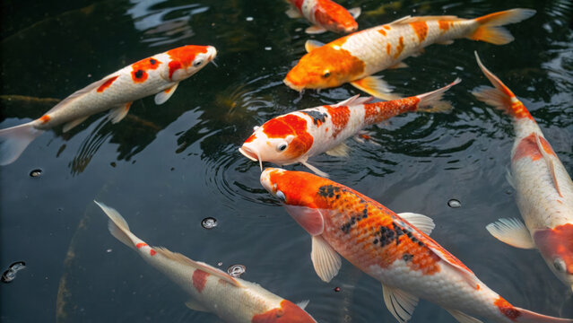 Colorful koi fish swimming in pond, showcasing vibrant patterns and hues - Powered by Adobe