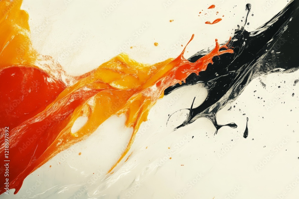 Aufkleber colorful splashes of orange, yellow, and black paint create an abstract pattern on a white canvas in