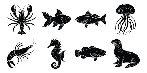 Aquatic animals silhouette set. Marine, Sea animals life vector illustration collection