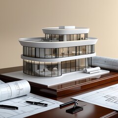 3D Model of a White Modern Luxury Building on wooden desk with Architectural Blueprints