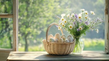 A serene Easter morning in a countryside setting, with a wicker basket of eggs and a vase of wildflowers on a wooden table