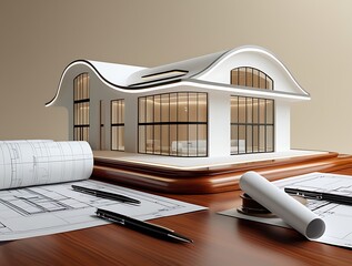 3D Model of a White Modern Luxury Building on wooden desk with Architectural Blueprints