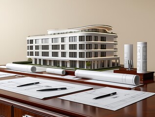 3D Model of a White Modern Luxury Building on wooden desk with Architectural Blueprints