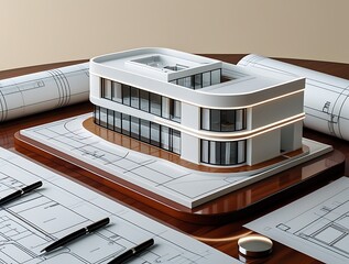3D Model of a White Modern Luxury Building on wooden desk with Architectural Blueprints