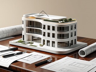 3D Model of a White Modern Luxury Building on wooden desk with Architectural Blueprints
