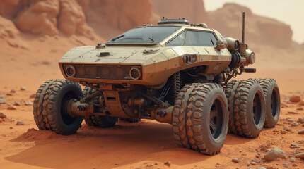 A rugged Mars rover navigates the Martian terrain, showcasing its large tires and sturdy design amid reddish rocks and a dusty sky. The scene captures the essence of extraterrestrial exploration