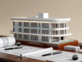 3D Model of a White Modern Luxury Building on wooden desk with Architectural Blueprints
