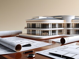 3D Model of a White Modern Luxury Building on wooden desk with Architectural Blueprints