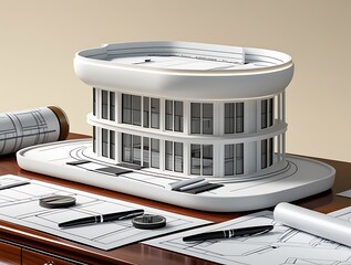 3D Model of a White Modern Luxury Building on wooden desk with Architectural Blueprints
