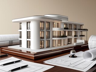 3D Model of a White Modern Luxury Building on wooden desk with Architectural Blueprints