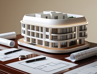 3D Model of a White Modern Luxury Building on wooden desk with Architectural Blueprints