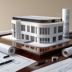 3D Model of a White Modern Luxury Building on wooden desk with Architectural Blueprints