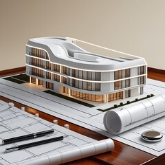 3D Model of a White Modern Luxury Building on wooden desk with Architectural Blueprints
