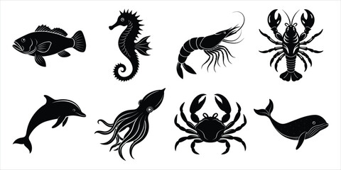 Aquatic animals silhouette set. Marine, Sea animals life vector illustration collection