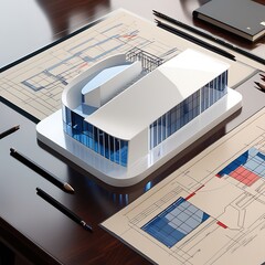 3D Model of a White Modern Luxury Building on wooden desk with Architectural Blueprints