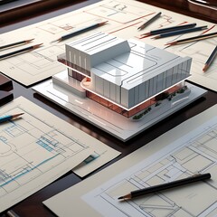 3D Model of a White Modern Luxury Building on wooden desk with Architectural Blueprints