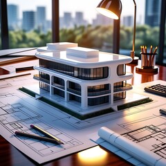 3D Model of a White Modern Luxury Building on wooden desk with Architectural Blueprints
