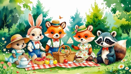 illustration of fox and rabbit having a garden party