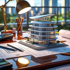 3D Model of a White Modern Luxury Building on wooden desk with Architectural Blueprints