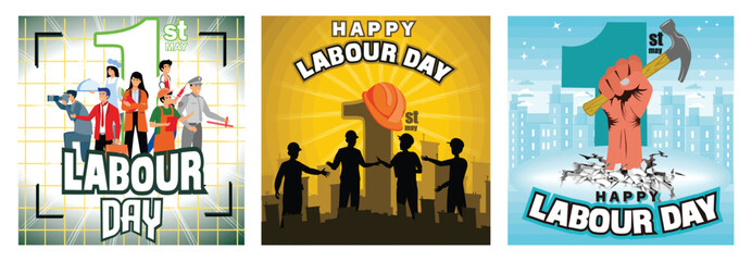Labour Day Celebration. Workers Silhouettes and Industrial Background. Raised Hand Holding a Hammer. Set flat vector modern illustration 