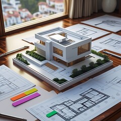 3D Model of a White Modern Luxury Building on wooden desk with Architectural Blueprints