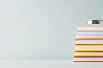 Fototapeta premium Stack of colorful books rests on clean surface against light bac
