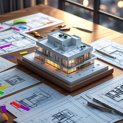 3D Model of a White Modern Luxury Building on wooden desk with Architectural Blueprints